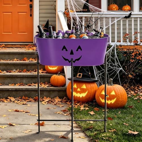 5.5 Gallon Halloween Galvanized Beverage Tub Ice Bucket with Stand- Purple