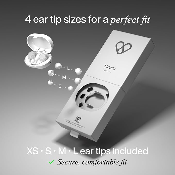 Hears Plus Ear Plugs for Noise Reduction - Patented Reusable Concert Earplugs, 25dB SNR Sound Reduction, Hypoallergenic for Musicians, Motorcycle and Sleeping with 4 tip Sizes - Clear Glass