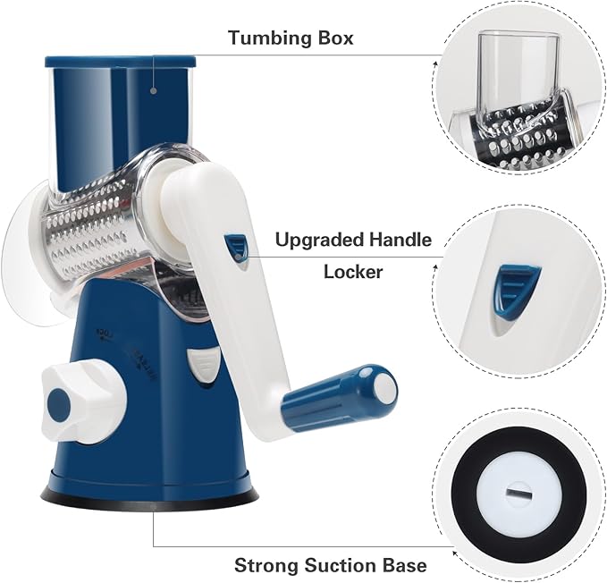 Cambom Rotary Cheese Grater Hand Crank Cheese Shredder for Fresh Cheese, Vegetable, Nuts,Non-slip Suction Base，Three Blades,Dark Blue