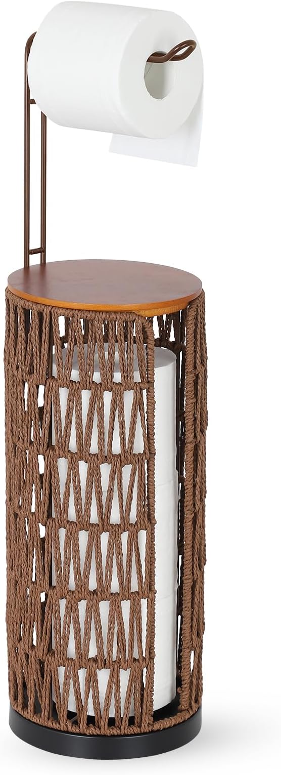 Trongee Freestanding Toilet Paper Holder with Storage,3 Rolls of Rattan Tissue Holder for Bathroom,Woven Toilet Paper Roll Holder Stand,Boho Bathroom Decor Farmhouse Toilet Paper Storage-Deep Brown