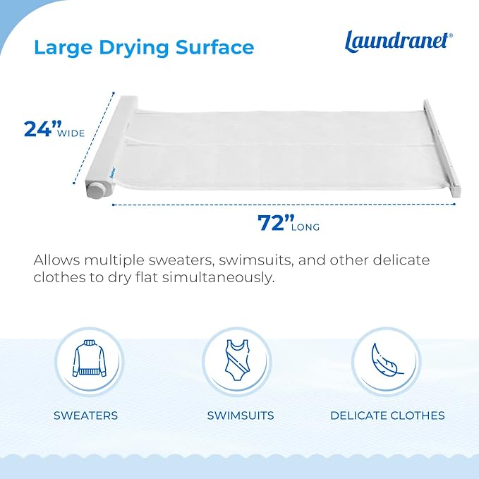 Retractable Clothes Drying Rack - Flat Hanging Mesh Drying for Delicate Clothes and Sweaters – Eliminate Bumps and Stretching from Hangers and Lines - 24" Wide and Opens Up to 72" - 1 Pack