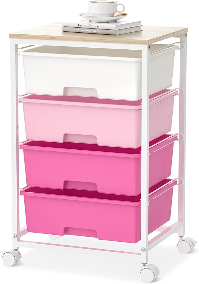 SYKIARIOL Utility-Rolling-Craft-Storage-Cart-Organizer with 4 Drawers and Wooden Tabletop, 4 Tier Drawer Cart for Home Office, Kid Room, Classroom Teacher, Dorm, Pink