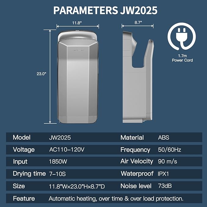 JETWELL Vertical Premium Commercial Hand Dryer- High Speed Jet Air Motor Speed Adjustable with HEPA Filter- Automatic Warm Wind Silver Gray Plastic Cover Hand Blower