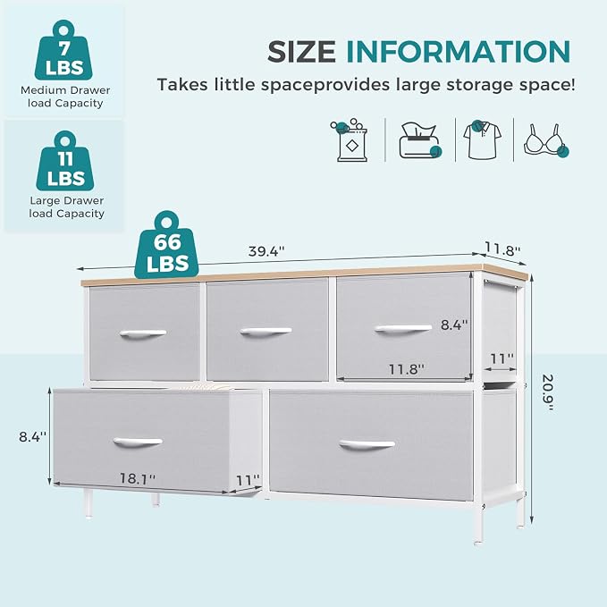 OLIXIS 5 Drawer Dresser for Bedroom, Storage Organizer Unit for Closet | Chest of Drawers for Clothes Storage with Bins, Wide Fabric Bedroom Dresser, Wooden Top, Living Room, Light Grey