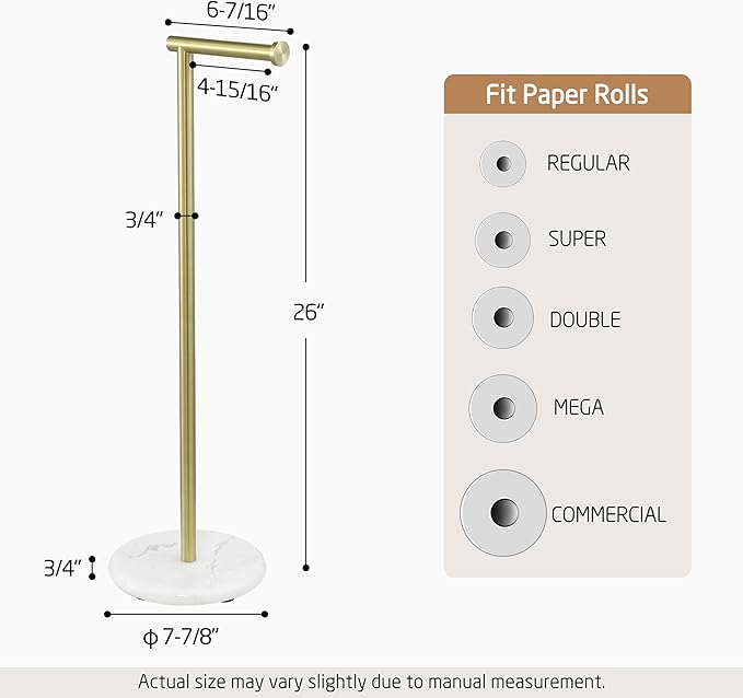 KES Extra High Gold Toilet Paper Holder Freestanding 26", Toilet Paper Holder Stand with Natural Marble Base, Floor Free StandingToilet Paper Holder 18/8 Stainless Steel Brushed Gold, BPH284S66-BZ