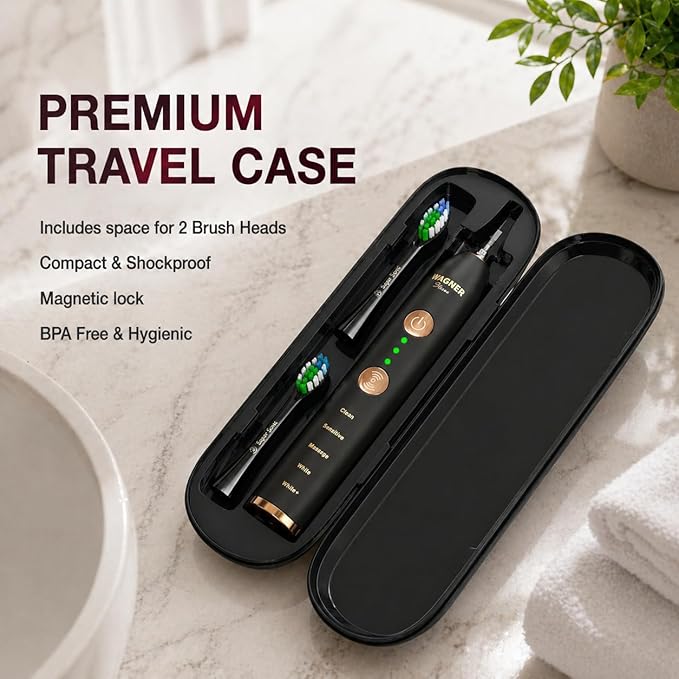 Wagner Stern WHITEN+ Electric Toothbrush, 48,000 VPM, Pressure Sensor, 5 Modes, 8 Brush Heads, Travel Case