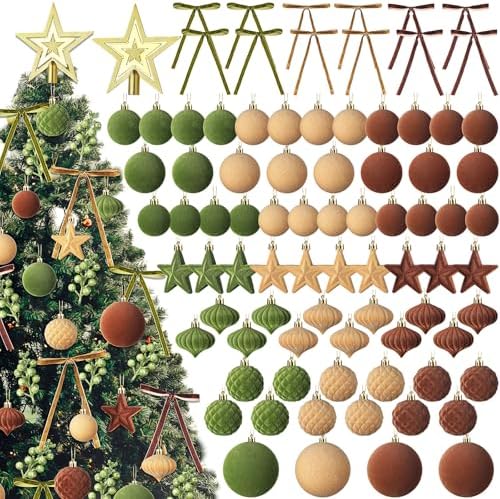 Hollowfly 95 PCS Velvet Christmas Tree Decor Set, Green, Brown, Khaki