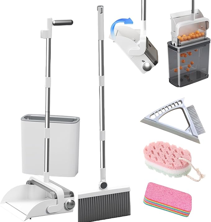 Self-Dropping Broom & Dustpan Set with Free Hand Brush – 3-Layer Sharpened Bristles, 180° Rotating Head, 90° Foldable, Stainless Steel Handle