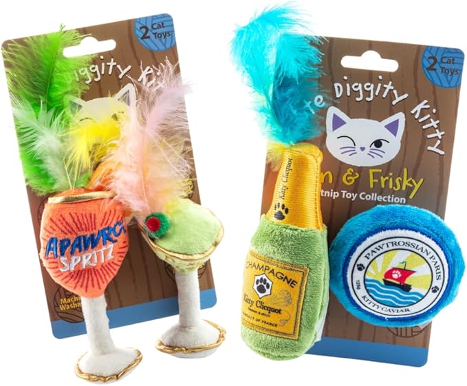 Haute Diggity Kitty Clicquot Champagne & Caviar + Kitty Cocktails Apawrol Spritz & Cattini Set, Plush Cat Toys Catnip Filled with Interactive Crackle Sound, Safe, Durable Toys for Cat & Kitten, 4 Pcs