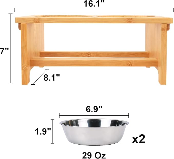 HTB Elevated Dog Bowl Stand with 2 Stainless Steel Bowls-7" H Medium Bamboo | Raised Dog Bowl Stand, 7"tall, 29 Oz Bowls, for Medium Sized Dogs, Pet-safe, Solid Bamboo