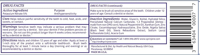 SprinJene Sensitive Relief Fluoride Free Toothpaste - Patented Natural Toothpaste with Black Seed Oil & Zinc - Made in The USA - Vegan Non Fluoride for Fresh Breath Preservative Free (2 Pack)