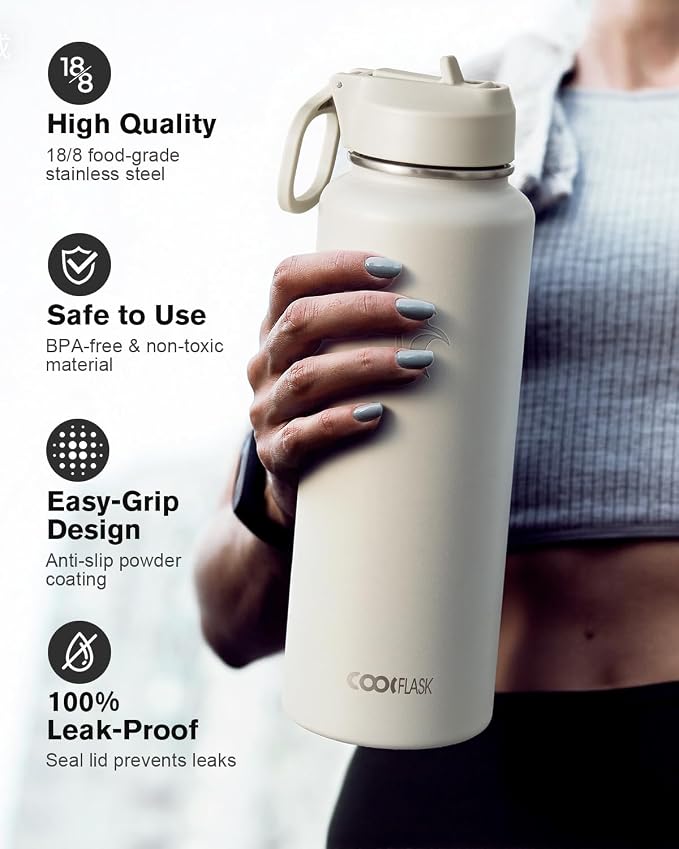 Coolflask Water Bottle Insulated with Straw & 3 Lids, 40 oz Water Jug Large Metal Stainless Steel Wide Mouth for Sports, Gym or Office, Non-BPA Keep Cold 48H Hot 24H, Greige