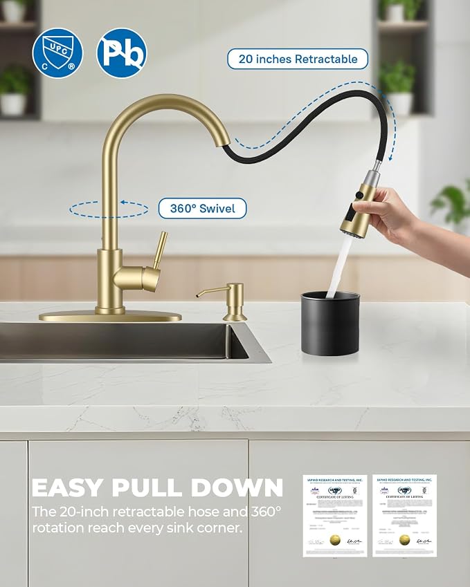 WEWE Kitchen Faucet with Soap Dispenser and Pull Down Sprayer, RV Single Handle Classic 3 Modes Stainless Steel Faucet for Kitchen Sink, RV, Gold