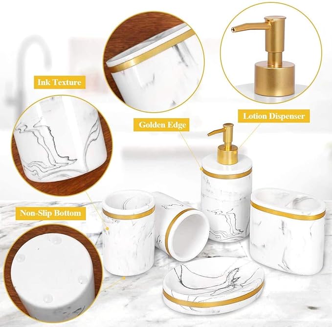 Sierra Selected Bathroom Accessory Set, 5 Piece White Gold Elegant Marble Classic Soap Dispenser Soap Dish 2 Tumblers Toothbrush Holder, Meticulous Housewarming Wedding Gift