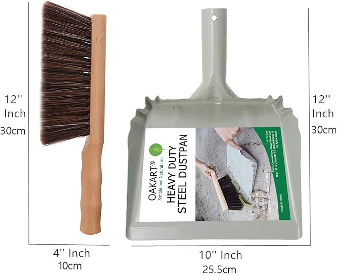 Metal Dust Pan and Brush Set Wooden Hand Broom, Handheld Dustpan for Fireplace, Garage, Workshop, 9" Wide