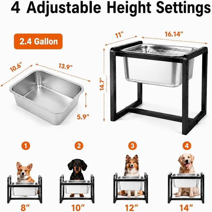 Adjustable Height Elevated Large Dog Water Bowls with Stainless Steel Bowls and Metal Stand，4-Level (8/10/12/14 Inches) Pet Bowl for Dogs for Large Medium Dogs - Durable, Easy to Clean (2.4gallon)