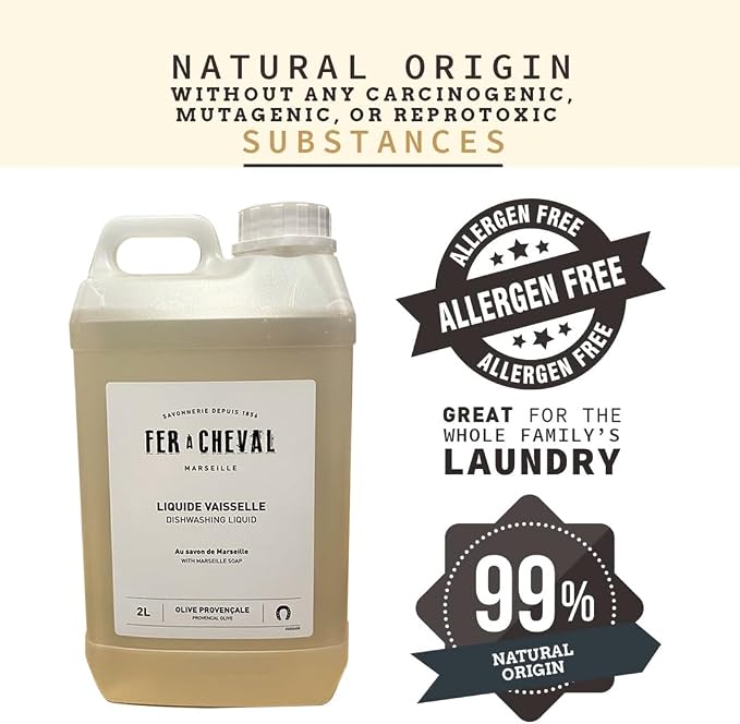 Fer à Cheval Marseille Dishwashing Soap, Olive Oil Based, Made in France - Liquid Dishwashing Refill Soap, 2 L/67.6 fl oz
