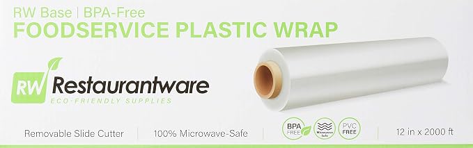 Restaurantware RW Base 12 Inch x 2000 Feet Cling Wrap 1 Roll Microwavable Cling Film - With Removable Slide-Cutter Clear Plastic Food Wrapping Film Securely Seal And Keep Food Fresh