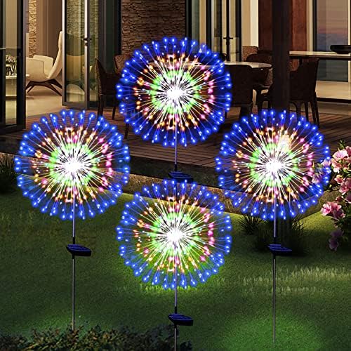 Solar Garden Firework Lights Outdoor Waterproof 4 Pack Solar Powered Art Stake Twinkle Outside Solar Lighting Upgrad 180 LED Sparklers Lights for Yard Party Christmas Decorations (Colorful)