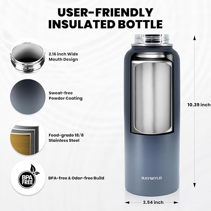 RAYMYLO Insulated Water Bottle 40 oz, Triple Wall Vacuum Stainless Steel (Cold for 36Hrs, Hot for 18Hrs), Leak Proof & Non-BPA, Modern Water Flask Jug with Paracord Handle & Straw Spout Lids