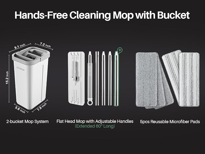 JOYMOOP Flat Mop System, Microfiber Mop and Bucket Set, White, Hands-Free Floor Cleaning Set with Wringer, 60" Handle, Wet and Dry Use, 5 Reusable Pads
