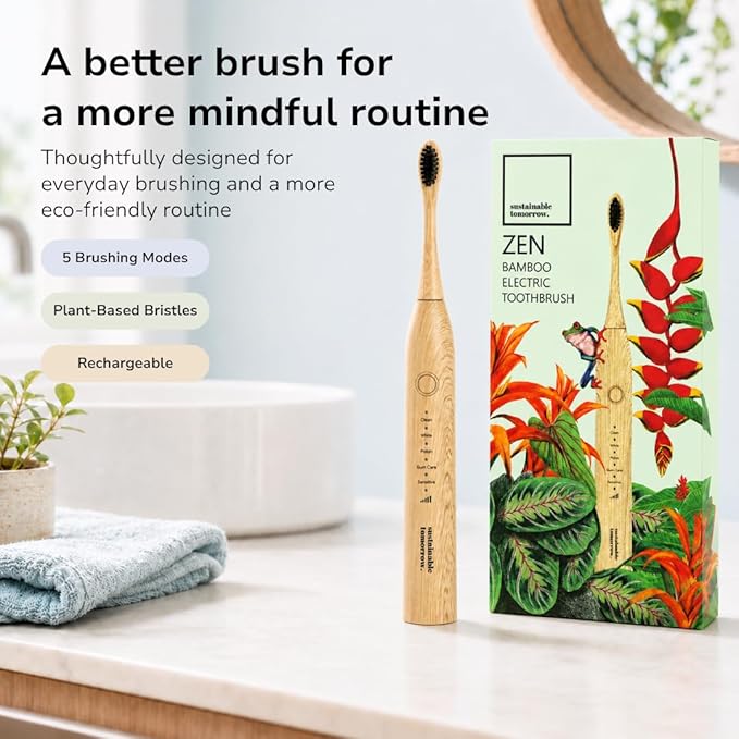 Sustainable Tomorrow Zen Bamboo Electric Toothbrush, Durable Wood-Grain ABS Handle, Rechargeable w/Plant-Based Soft Bristles, Bamboo Heads, 5 Modes & 30-Day Battery