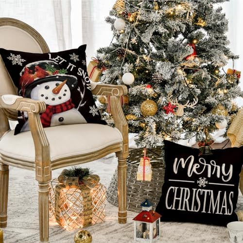 AVOIN colorlife Merry Christmas Let It Snow Love Snowman Black Throw Pillow Covers, 18 x 18 Inch Xmas Tree Holiday Cushion Case Decoration for Sofa Couch Set of 4