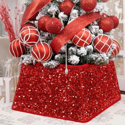 XmasExp Christmas Tree Collar 24 inch Sequin Tree Skirt for Christmas Holiday Home Decor Xmas Tree Ring Stand Base Cover Small Size 4 Piece Red