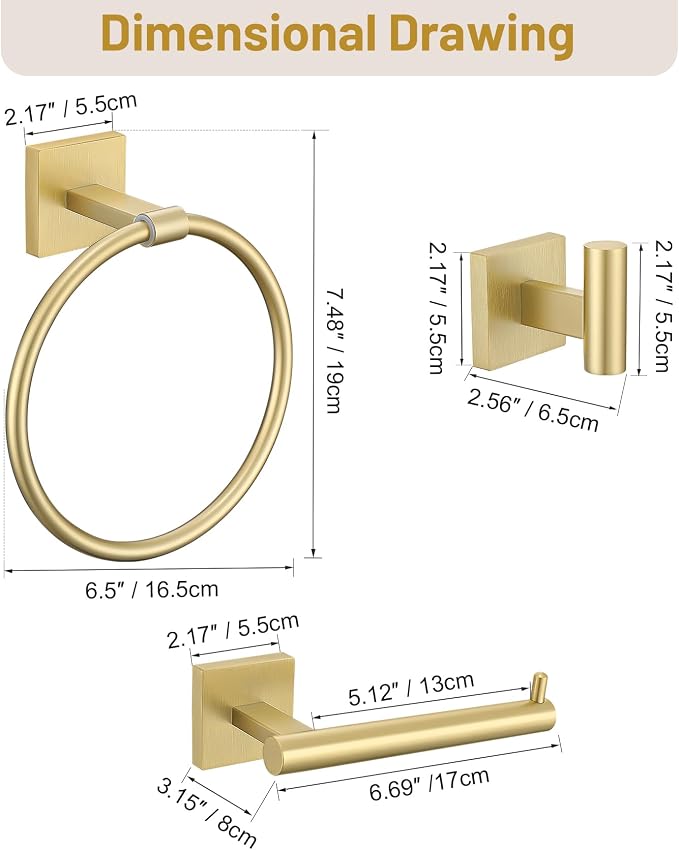 Towel Ring Set 4 Piece Bathroom Hardware Set Includes Towel Ring 2 Towel Hooks and Toilet Paper Holder Stainless Steel Wall Mounted (Brushed Gold)