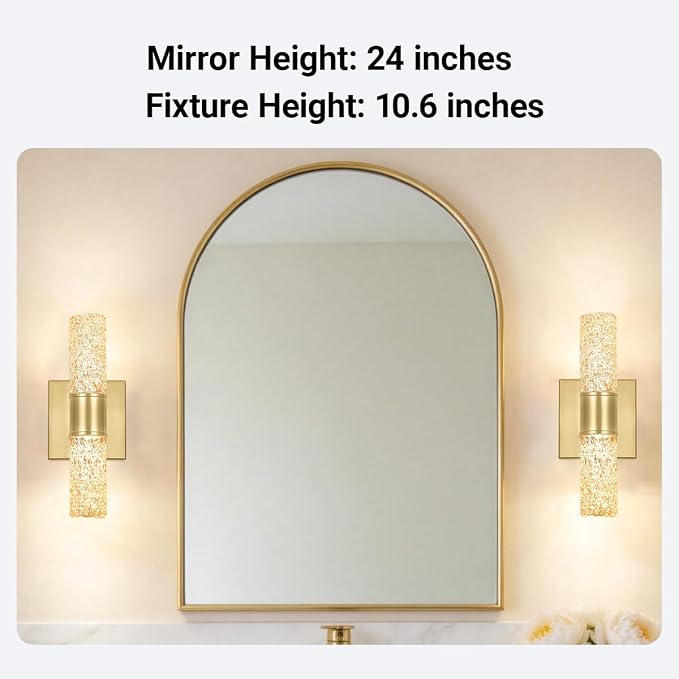 2 Pack Gold LED Wall Sconces, 10W 3000K Warm White Hardwired Wall Mounted Light Fixtures with Amber Crystal Glass, Modern Bathroom Vanity Lights for Mirror Living Room Bedroom Hallway