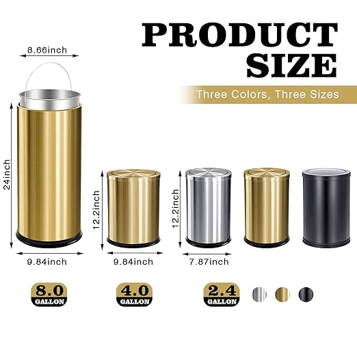 Maxdot 2 Pcs 2.4 Gallon/9 L Silver Bathroom Trash Can with Flip Lid and Toilet Brush Set, Small Luxury Stainless Steel Garbage Trash Can Wastebasket Bin for Home Office Hotel Bathroom Bedroom Kitchen