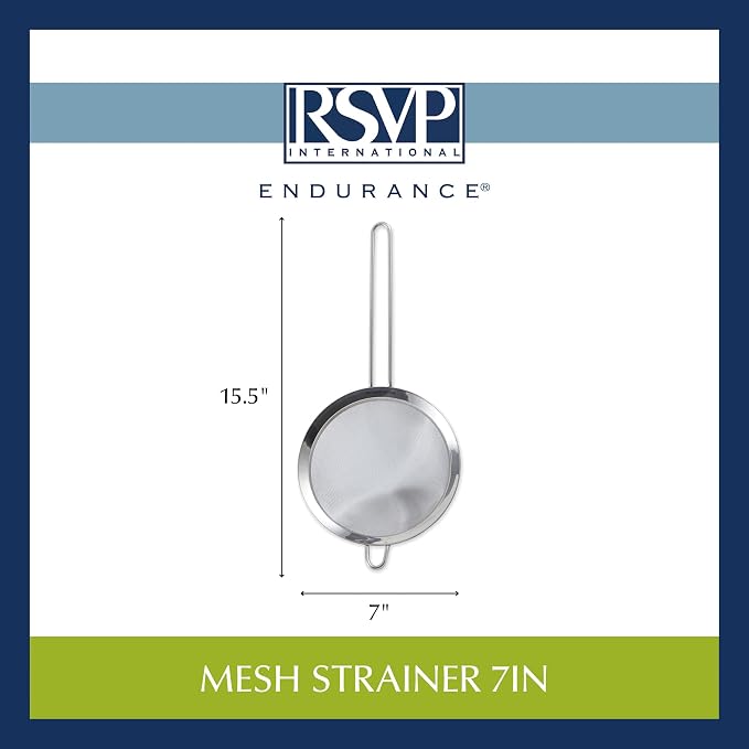 RSVP International Endurance Kitchen Collection, Stainless Steel Fine Mesh Conical Sieve/Colander, Multi-Purpose for Cooking, Baking, Loose Leaf Tea, Bar Strainer Cocktails, 7-Inch