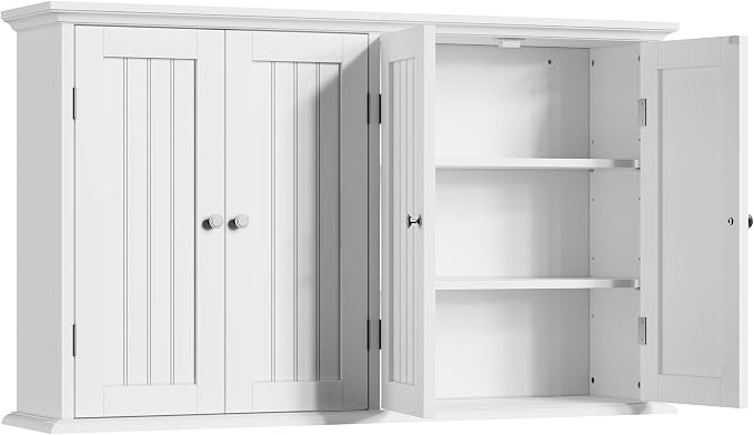 ChooChoo Bathroom Wall Cabinet with 4 Doors, Laundry Cabinet Wall Mounted, Medicine Cabinet with Adjustable Shelves, Hanging Kitchen Cupboard Organizer, White