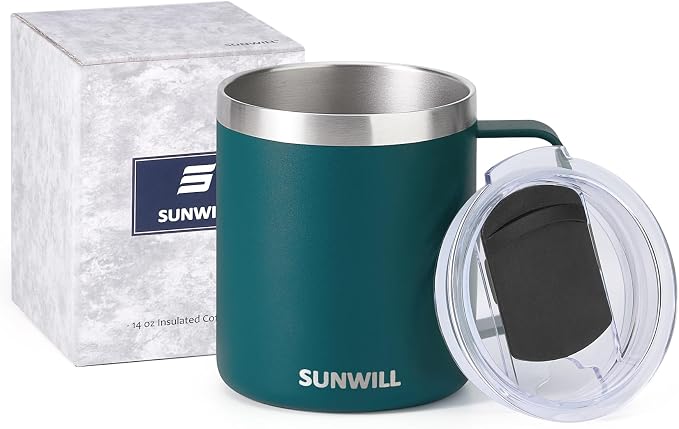 SUNWILL Travel Coffee Mug with Lid, Insulated Cup with Handle, 14 oz Stainless Steel Tumbler for Camping, Office, Outdoor, Powder Coated Dark Green