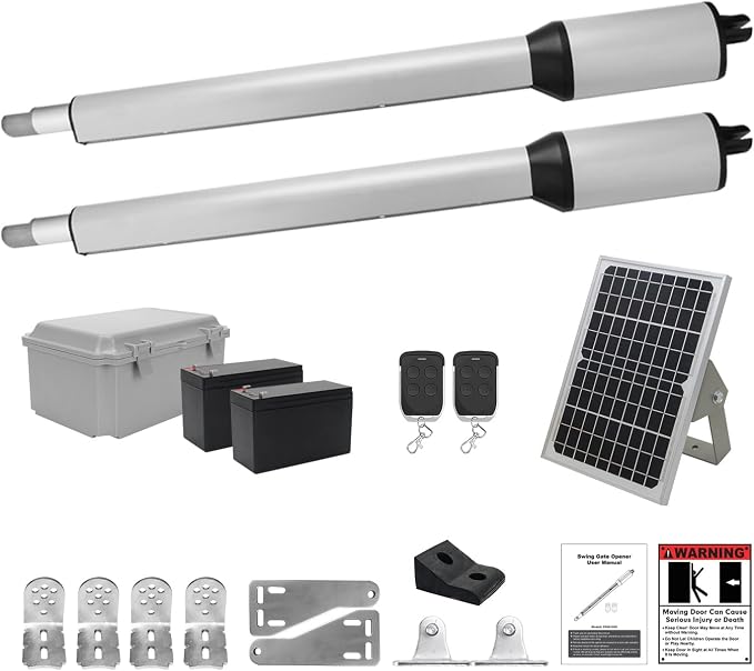 X X-HOUSE C05 Automatic Gate Opener with Solar Panel & Batteries for Light to Medium Duty Dual Swing Gates Up to 770lb per Arm Electric Gate Opener with 2 Remotes Complete Kit Solar Powered