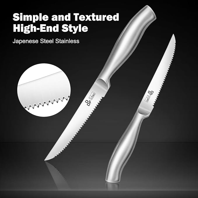 Steak Knives Set of 6, 4.5-Inch Serrated Steak Knives, Dishwasher Safe | Steak Knives High Carbon Stainless Steel, Serrated Knives with Ergonomic Hollow Handles, Silver, for Families & Restaurants