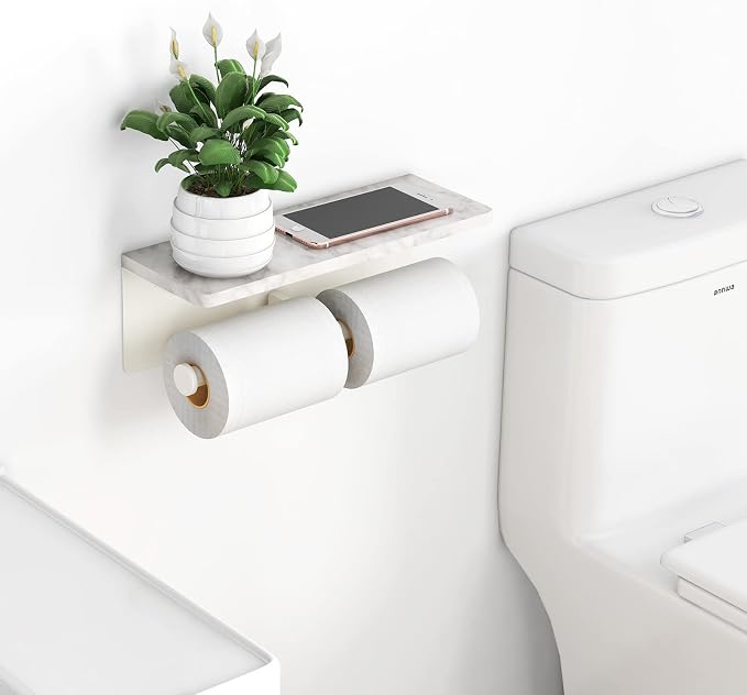 Gypie Double Toilet Paper Holder, Toilet Paper Wall Mount, White Marble | Toilet Paper Holder with Shelf, Stainless Steel Roll Holder for Bathroom Washroom