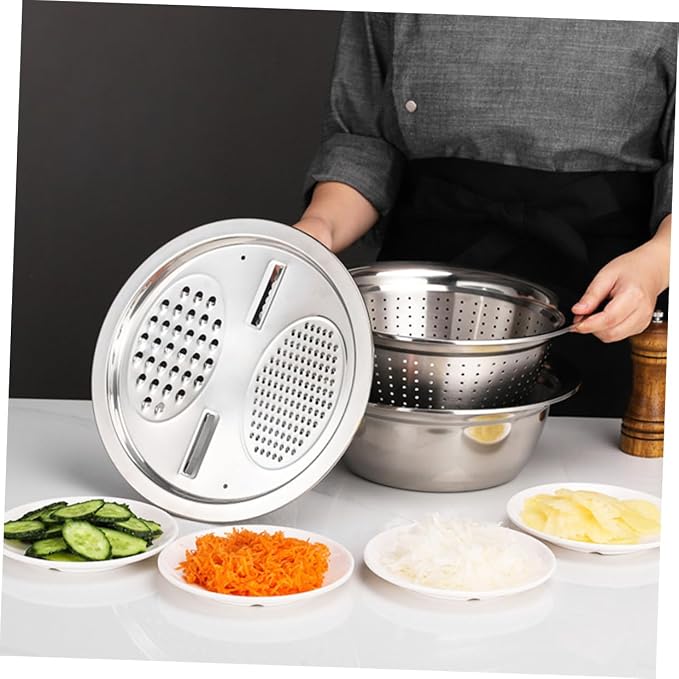 SHOWERORO 1set Stainless Steel Vegetable Peeler Grater Kitchenware Set for Multi-purpose Food Preparation and Easy Washing Includes Draining Basin and Thickened Bowl