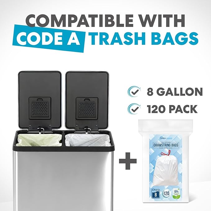 Simpli-Magic 16 Gallon (30L x 30L) Dual Compartment Step Trash Can – Kitchen Garbage Can with Slow-Close Lids – Waste & Recycling Bins, Odor Control, Hands-Free, Easy to Clean, Stainless Steel