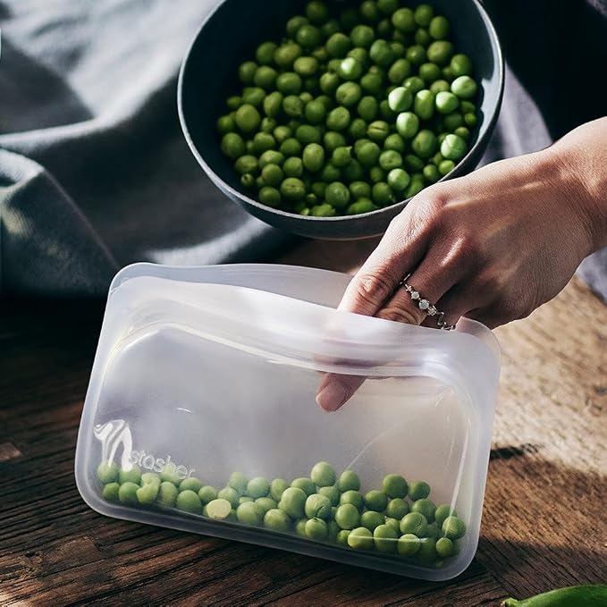 Stasher Premium Reusable Silicone Food Storage Bags, 4-Pack, Clear | Food-Safe Silicone, Eco-Friendly, Reusable Freezer Bags, Microwave, Dishwasher, Oven, Snack Bags, Lunch Containers, Meal Prep