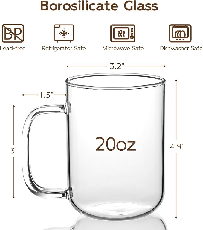 Glass Coffee Mugs, 20 oz Ice Coffee Cups Set of 4, Large Clear Tea Cups, Glass Mugs with Handles for Hot Beverages, Glass Cups for Latte, Cappuccino, and Tea