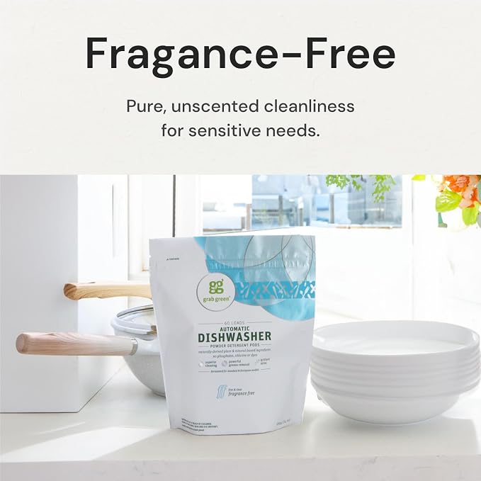 Grab Green Dishwasher Pods, 24 Count, Unscented, Plant & Mineral Based | Fragrance free; Plant & mineral based; Enzyme-powered; Velcro Closure; No Harsh Chemicals; Removes Grease and Stuck on Food