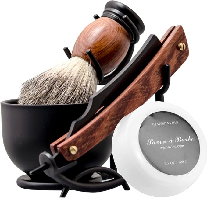 Grandslam Shaving Straight Razor Kit, Steel Cutthroat Straight Razor With Leather Strop, Shaving Brush, Stainless Steel Shaving Bowl and Stand, Shaving Soap, Gift for Men