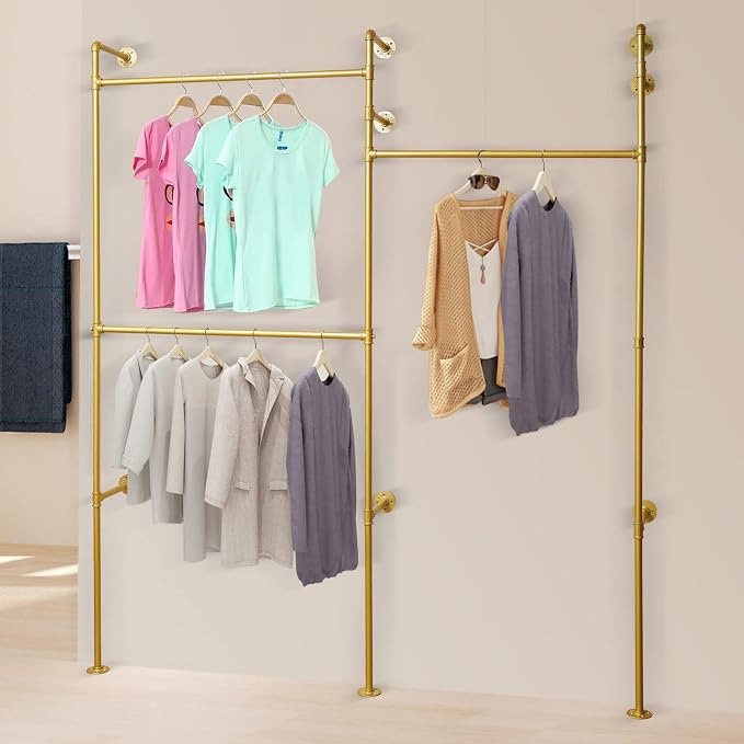 Industrial Pipe Clothing Rack Wall Mounted Clothing Racks 3 Shelves Clothes Organizer with 3 Hanging Rods, Garment Rack for Homes, Laundry Room, Hotels (Gold)