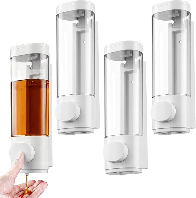 Junkin 4 Pcs Manual Bathroom Wall Mounted Soap Dispenser, 300ml White Kitchen Bathroom Commercial Shower Clear Refillable Soap Dispenser Clear Plastic Refillable Liquid Lotion Pump and Organizer