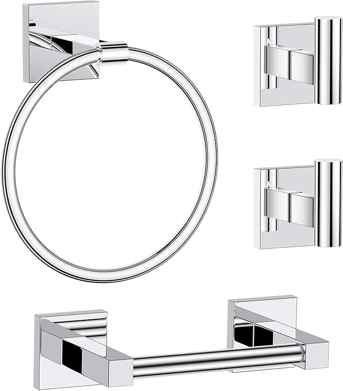 Towel Ring Set 4 Piece Bathroom Hardware Set Includes Towel Ring 2 Towel Hooks and Toilet Paper Holder Stainless Steel Wall Mounted (Polished Chrome)