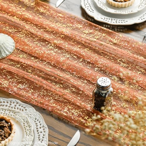 Artoid Mode 2-Pack Orange Gold Gauze Table Runner 10FT, Glitter Metallic Foil Sheer Dining Wedding Anniversary Holiday Table Decor for Home Party