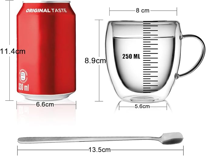 LIBWYS 2 Pack 250ml Double Walled Glass Coffee Mugs with 2 Spoons, Cappuccino Latte Tea Cups with Handle, Heat Resistant Drinking Glasses (2x250ml)