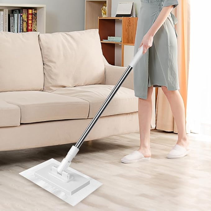 Hands Free Multi Purpose Flat Mop, 43'' Disposable Dust Mop with 10 Reusable Cloths, Multi Surface Cleaning Flat Dust Mop for Kitchen Wall Bathroom Toilet Corners (Mop+4cloths)