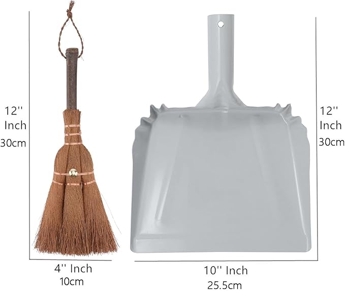 Metal Dust Pan and Brush Set Wooden Hand Broom, Handheld Dustpan for Fireplace, Garage, Workshop, 9" Wide